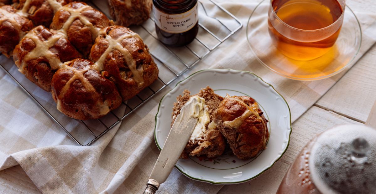 Apple Hot Cross Buns with Caramel Glaze