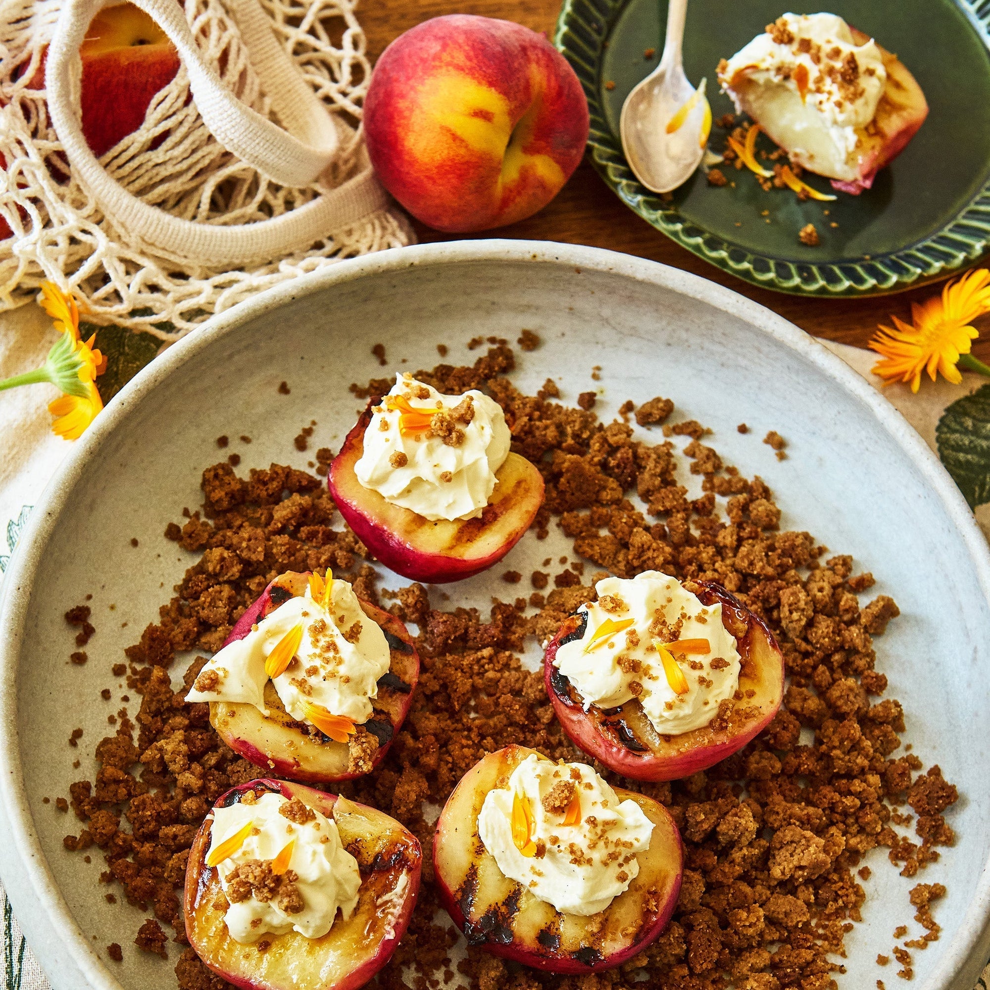 Summer Herb Peaches with Gingerbread Crumb