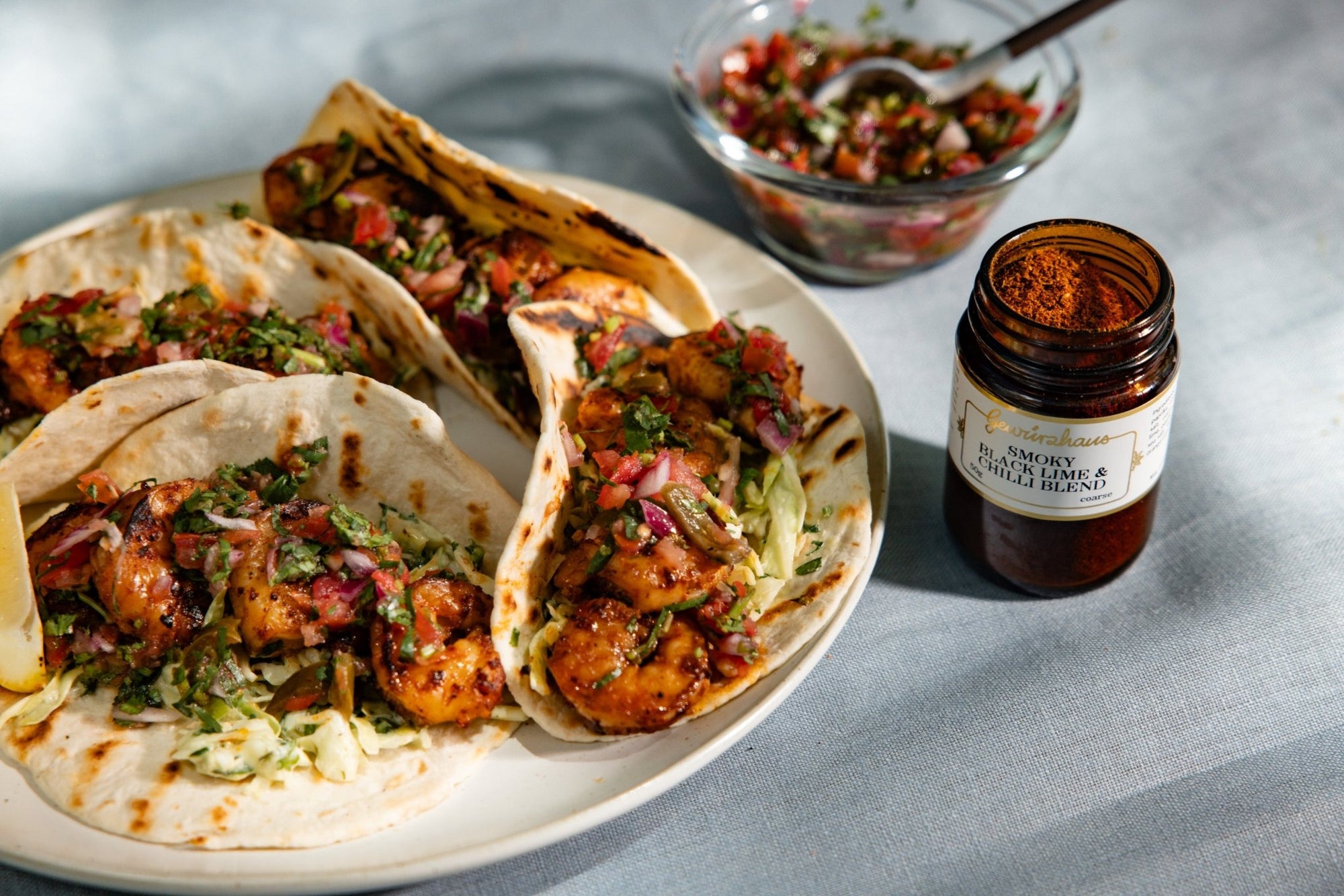 Grilled Prawn Tacos with Creamy Slaw and Pico de Gallo - Gewürzhaus