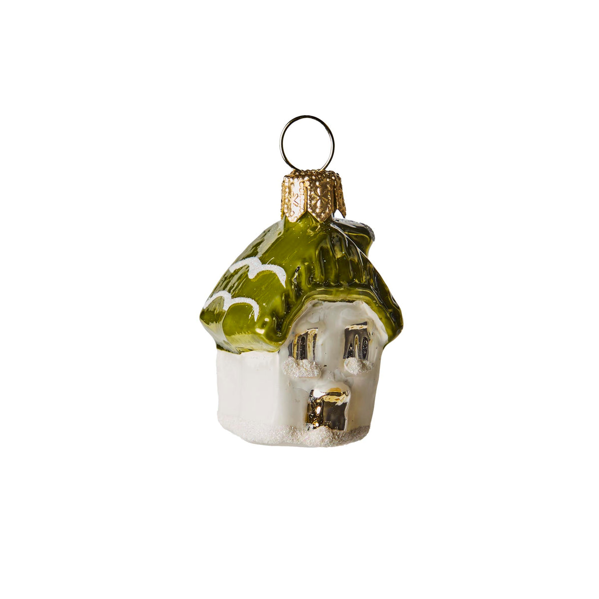 Hand Blown Glass Hanging Ornament, Mini Green Cottage