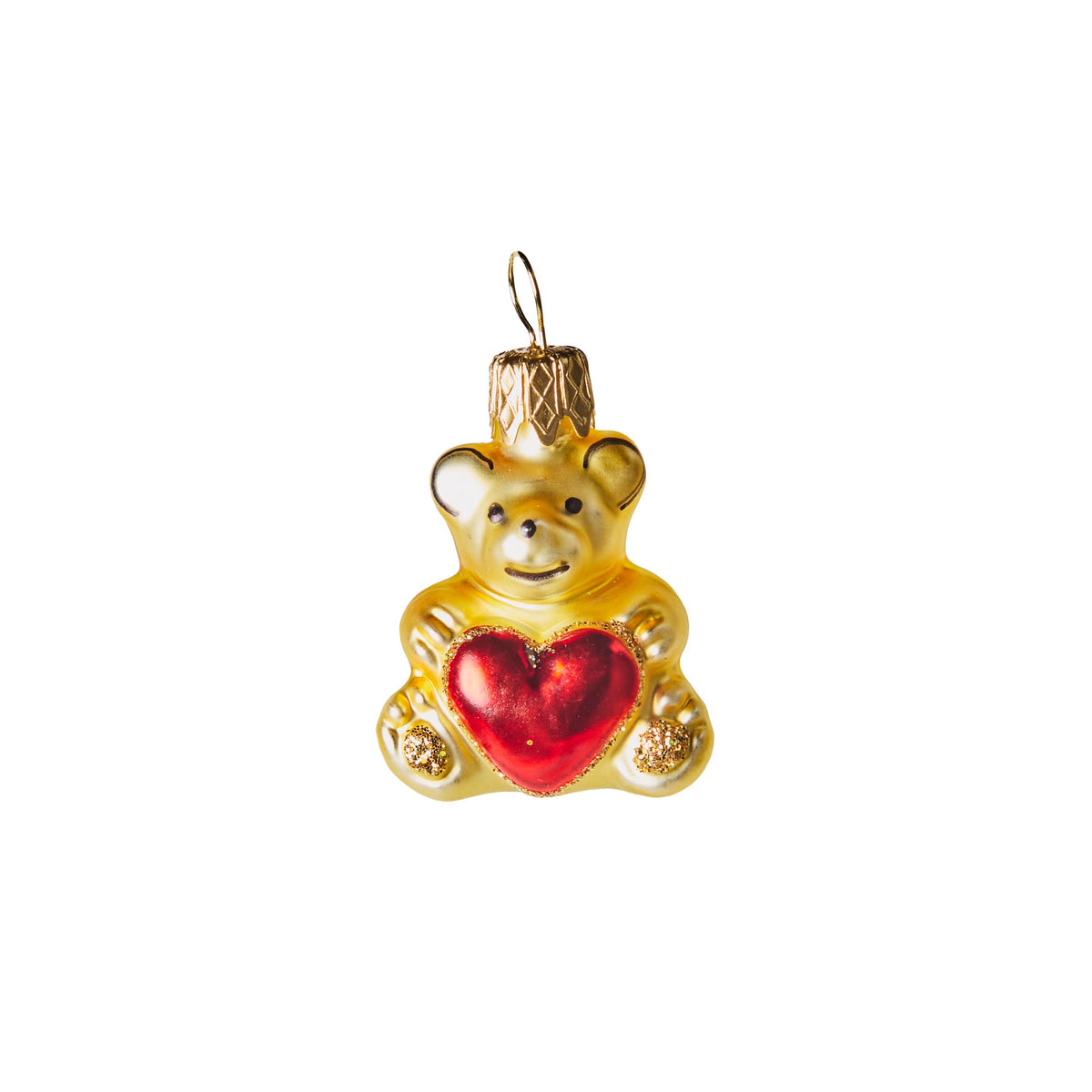 Hand Blown Glass Hanging Ornament, Gold Mini Love Heart Bear