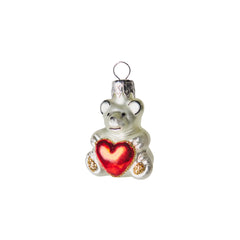 Hand Blown Glass Hanging Ornament, Silver Mini Love Heart Bear