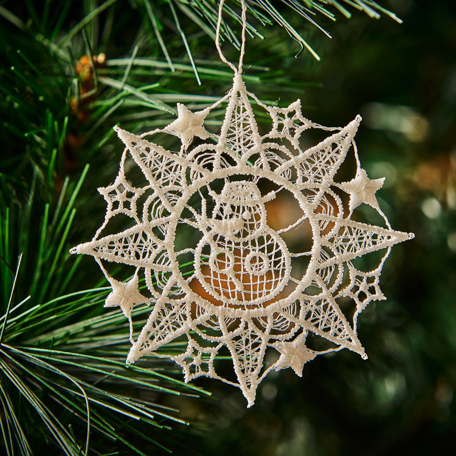 Hanging Tree Ornament, Lace Star with Snowman