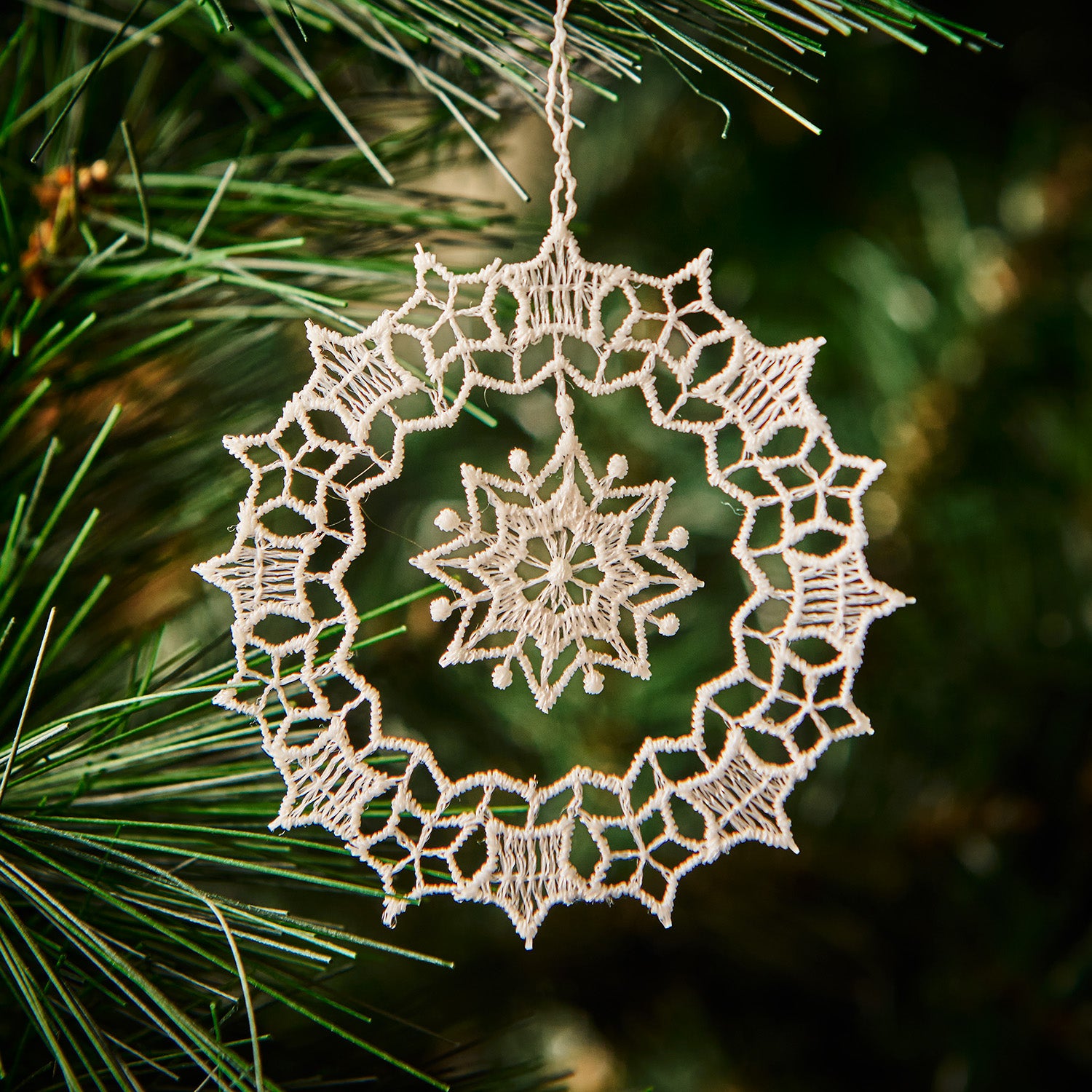 Hanging Tree Ornament, Lace ring with snowflake